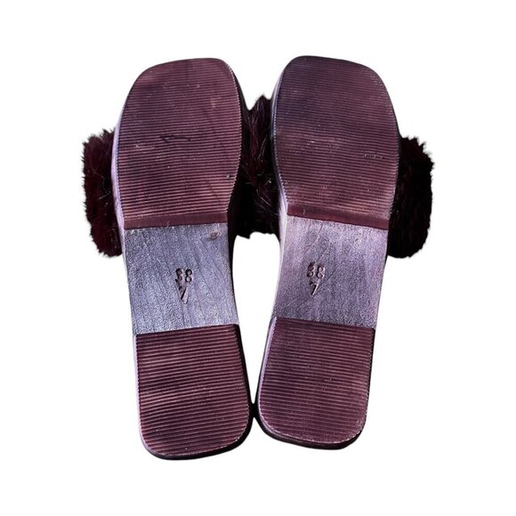 Burgundy Wine Rabbit Fur Wood Clog Slide Sandal, Size 38EU, Y2K - Picture 7 of 8